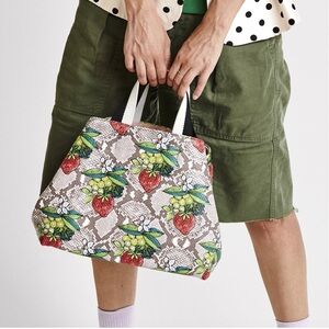 Clare V strawberry and grape print snakeskin tote.